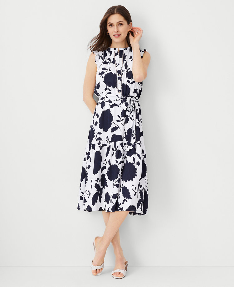 Ann Taylor Floral Ruffle Flare Midi Dress White Women's