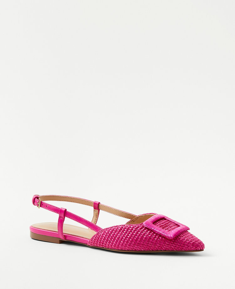 Ann Taylor Straw Covered Buckle Slingback Flats Bold Pink Women's