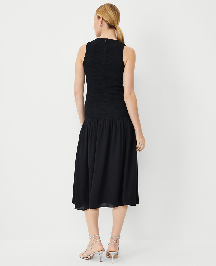 Ann Taylor Smocked Flare Pocket Midi Dress Black Women's