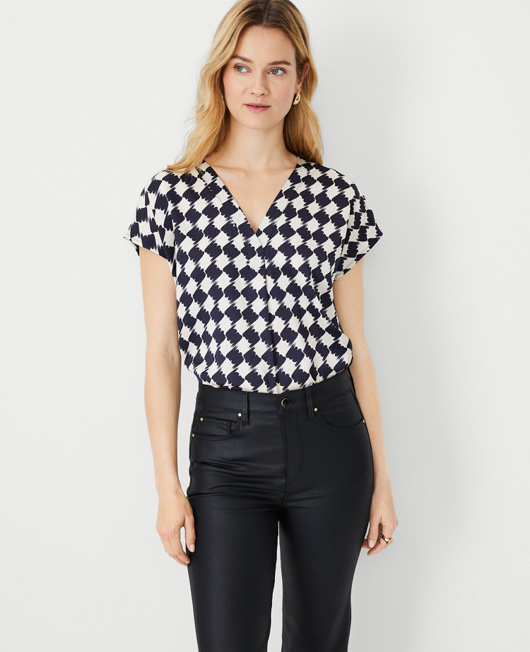 Petite Houndstooth Mixed Media Pleated Top