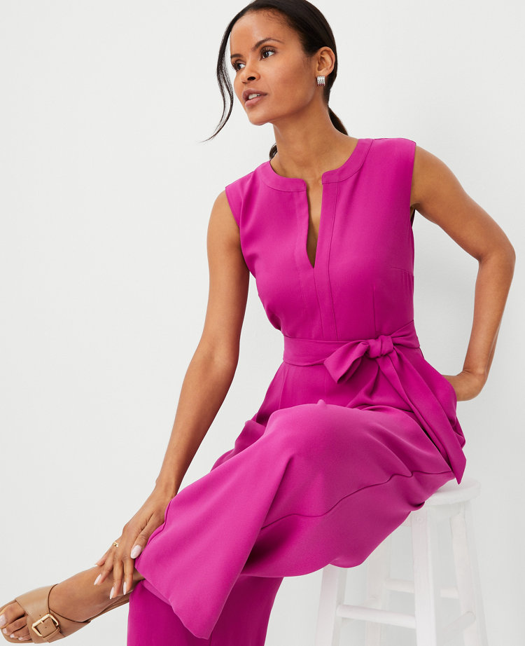 Split Neck Sleeveless Tie Waist Jumpsuit