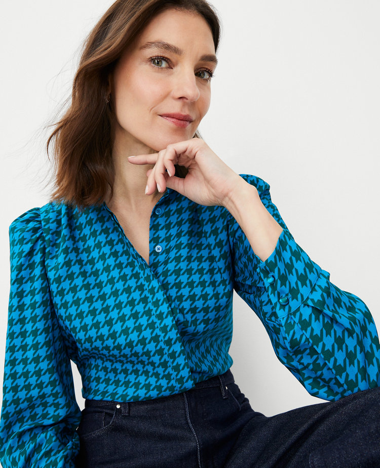 Petite Houndstooth Ruffle Neck Shirt