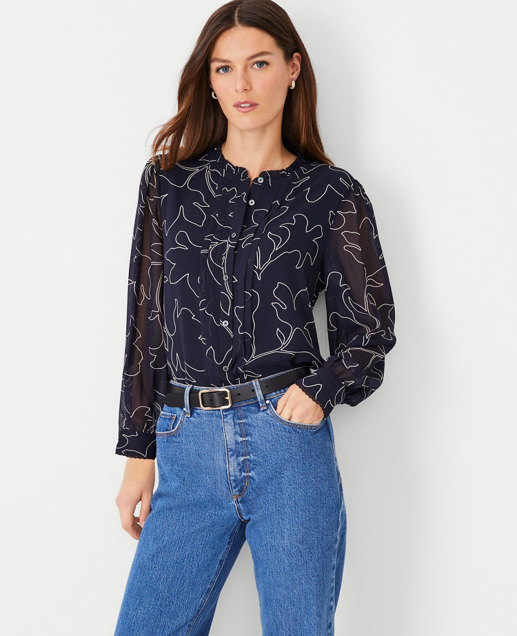 Petite Floral Mixed Media Ruffle Pleated Top