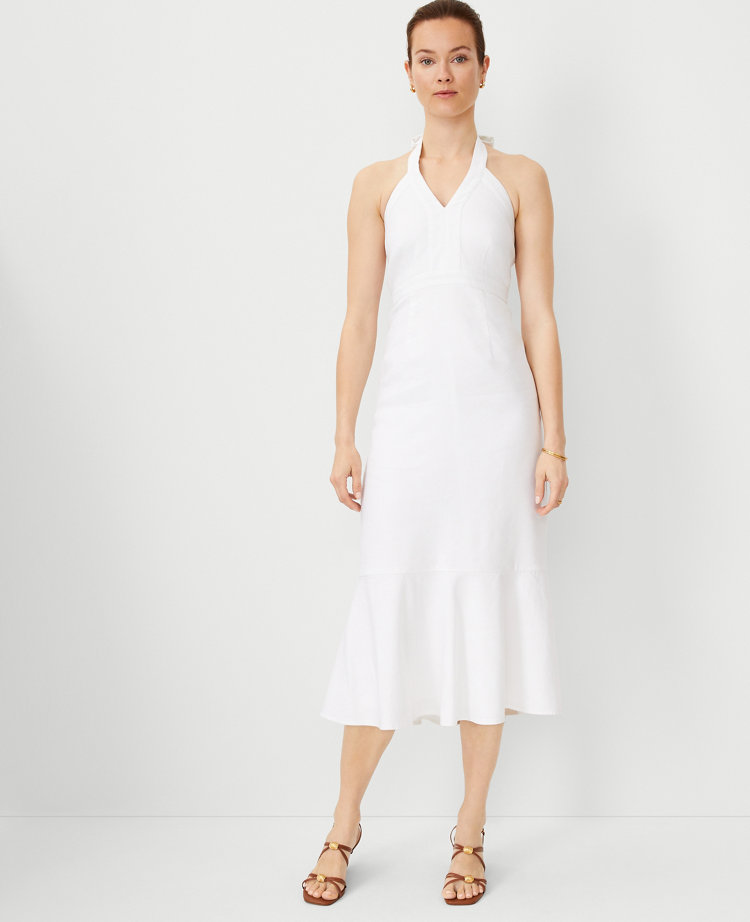 Ann Taylor Linen Blend Halter Midi Dress White Women's