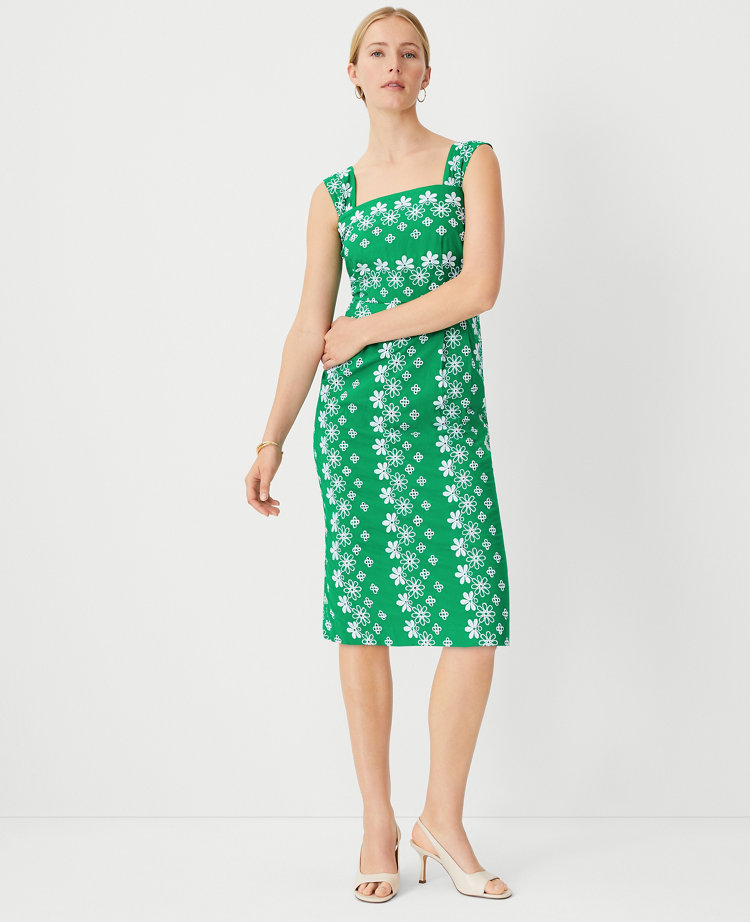 Ann Taylor Eyelet Square Neck Sheath Dress Jolly Green Women's