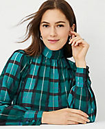 Tall Shimmer Plaid Pintucked Mock Neck Popover carousel Product Image 3