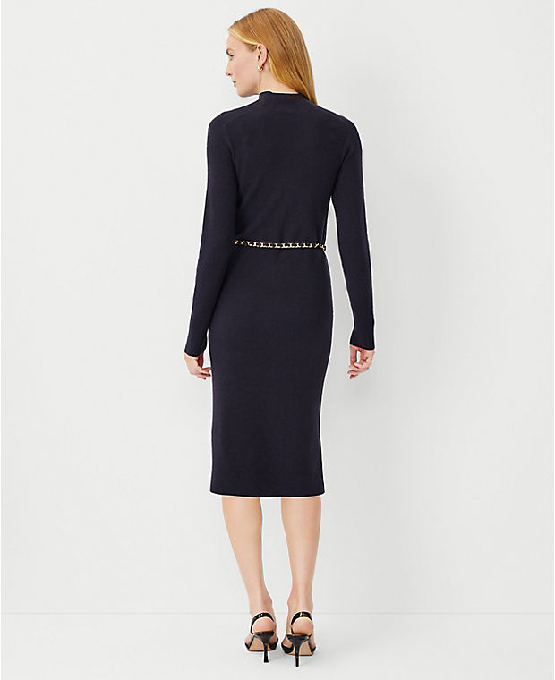 Petite Chain Belted Ribbed Sweater Dress