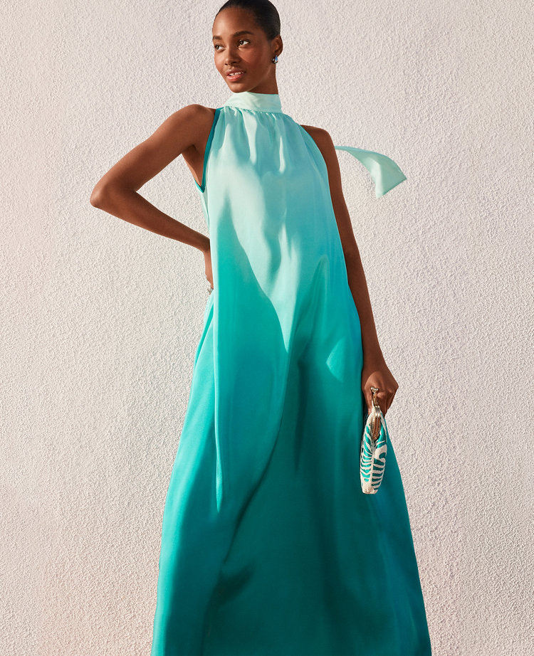 Ann Taylor Studio Collection Silk Halter Maxi Dress Cameleon Teal Women's