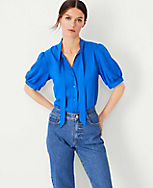 Petite Puff Sleeve Tie Neck Button Top carousel Product Image 3