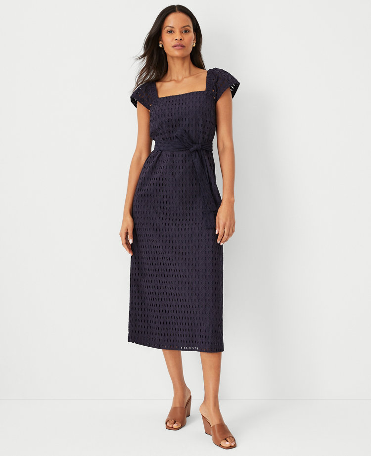 Ann Taylor Eyelet Square Neck Puff Sleeve Midi Dress Night Sky Women's