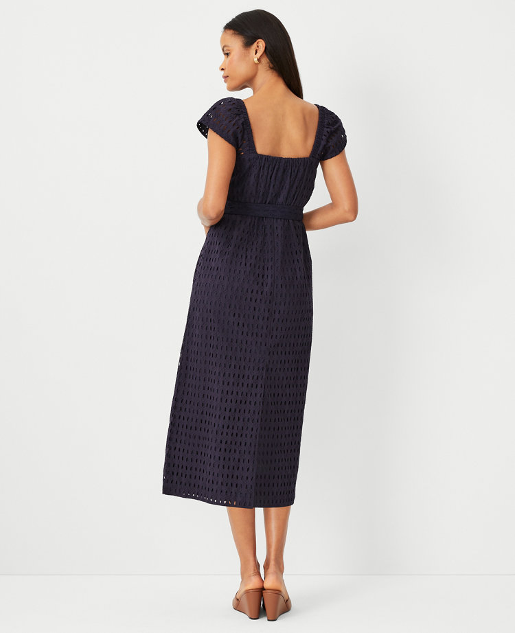 Eyelet Square Neck Puff Sleeve Midi Dress