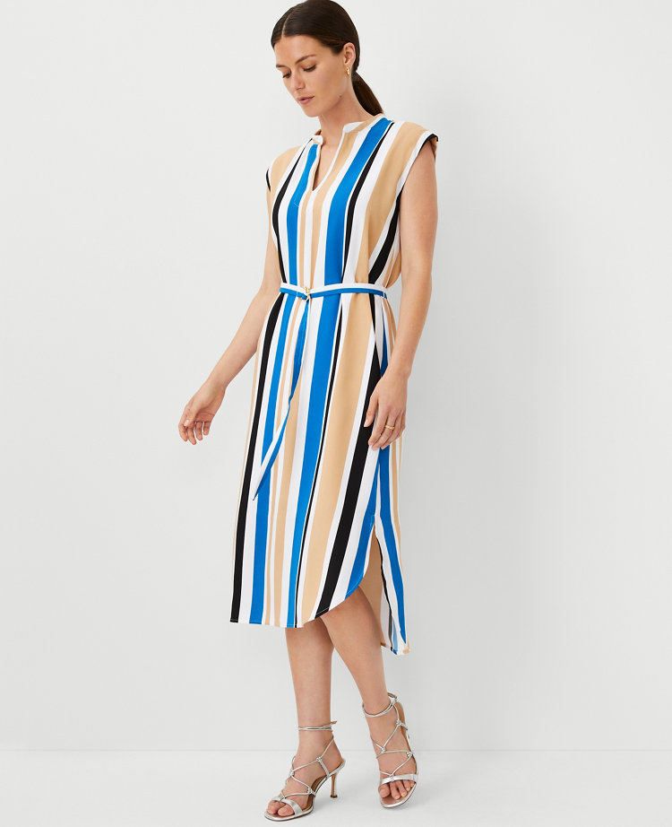 Striped Split Neck Midi Shirtdress