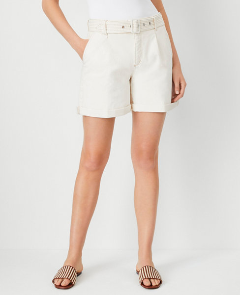 AT Weekend Belted High Rise Denim Shorts in Ivory