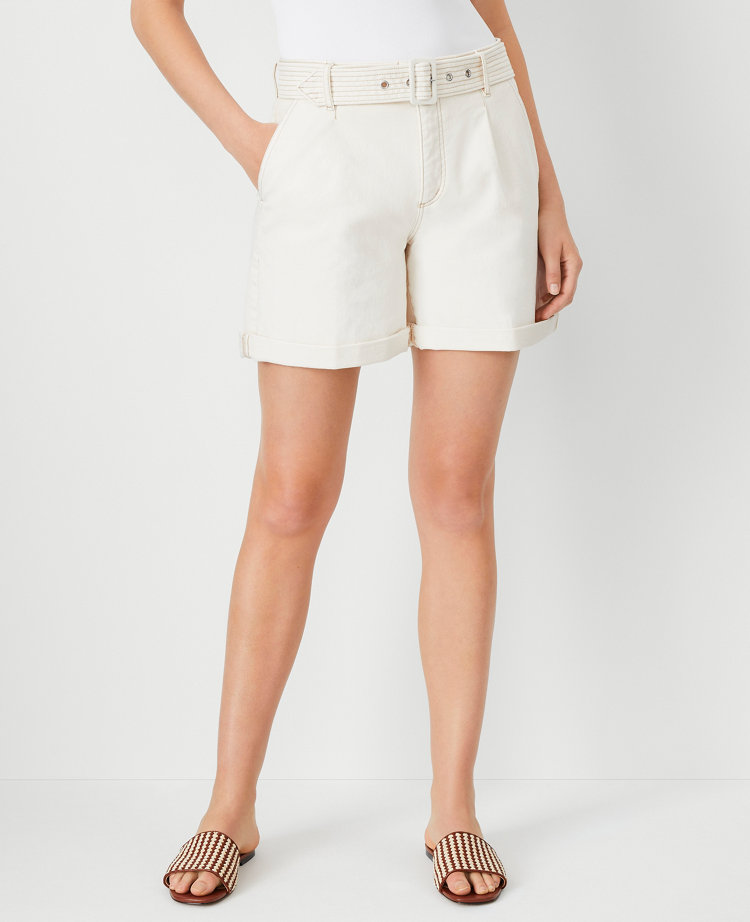 AT Weekend Belted High Rise Denim Shorts in Ivory