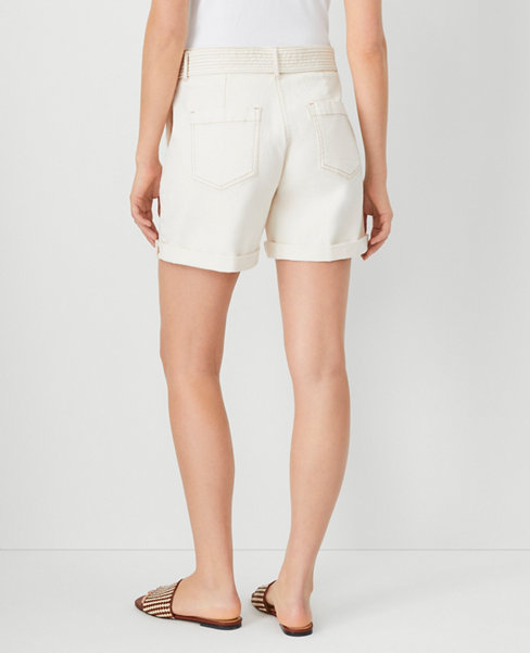 AT Weekend Belted High Rise Denim Shorts in Ivory