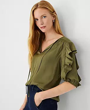 Shirred Ruffle Tie Neck Popover carousel Product Image 3