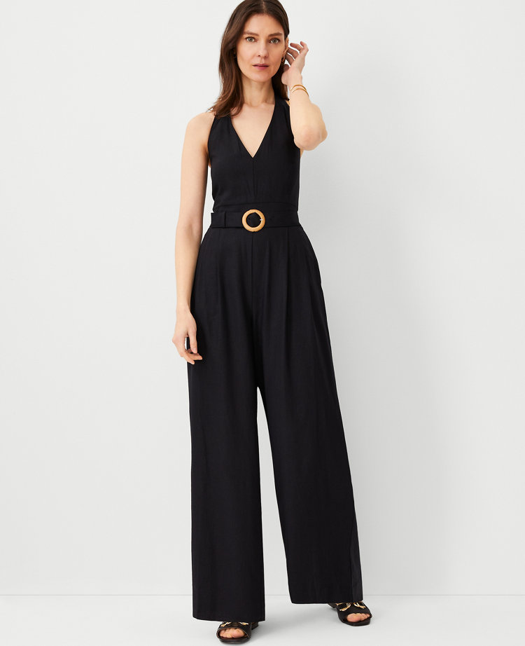 Ann Taylor Linen Blend Belted Halter Jumpsuit Black Women's