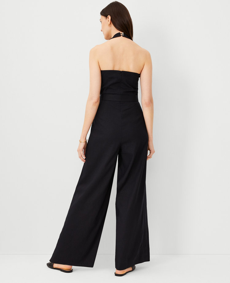 Ann Taylor Linen Blend Belted Halter Jumpsuit Black Women's