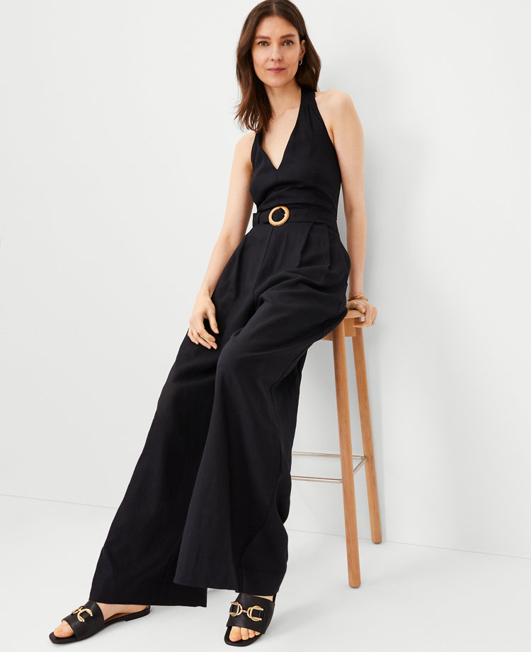 Linen Blend Belted Halter Jumpsuit