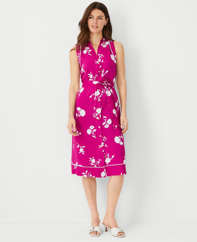 Ann Taylor Floral Split Neck Midi Shirtdress Magenta Shadow Women's