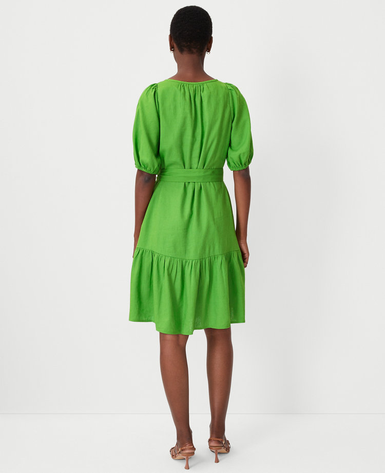 Ann Taylor Linen Blend Puff Sleeve Flounce Dress Matcha Women's