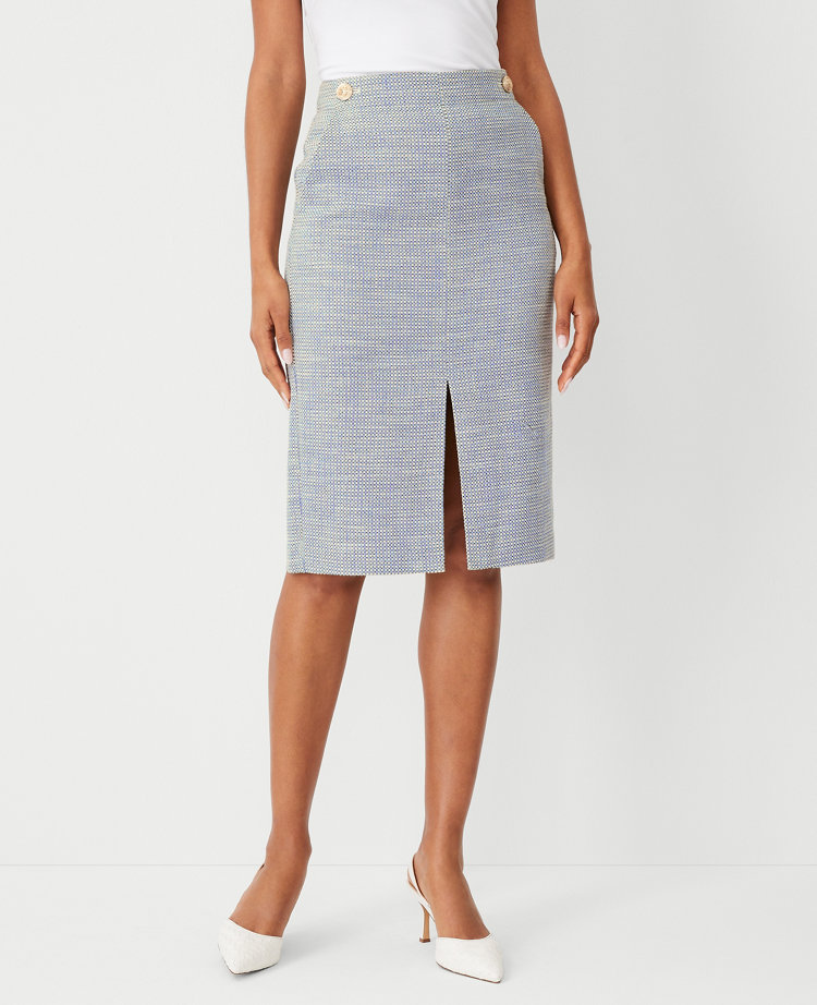 Textured Button Waist Pencil Skirt