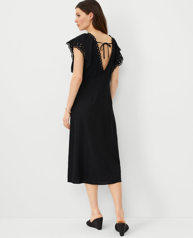 Ann Taylor Embroidered V-Neck Midi Dress Black Women's