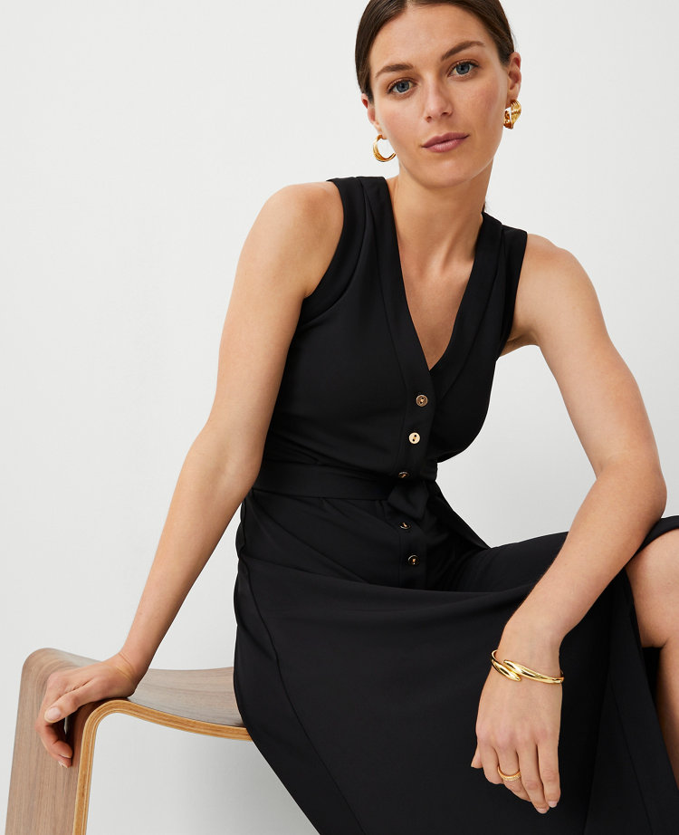 Ann Taylor V-Neck Button Flare Midi Dress Black Women's