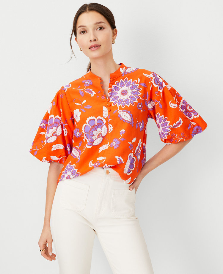 Petite Floral Cotton Blend Pleated Sleeve Popover