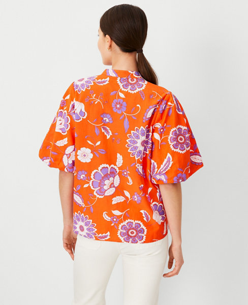 Petite Floral Cotton Blend Pleated Sleeve Popover