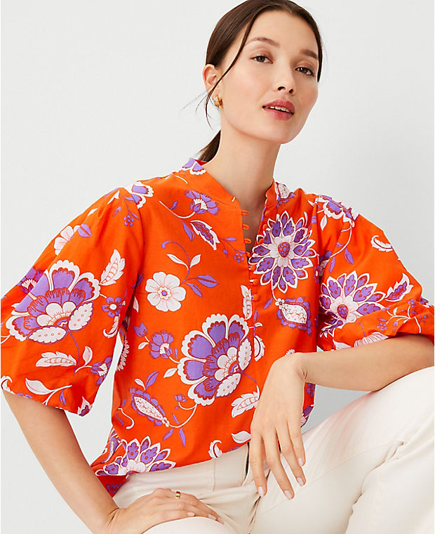 Petite Floral Cotton Blend Pleated Sleeve Popover