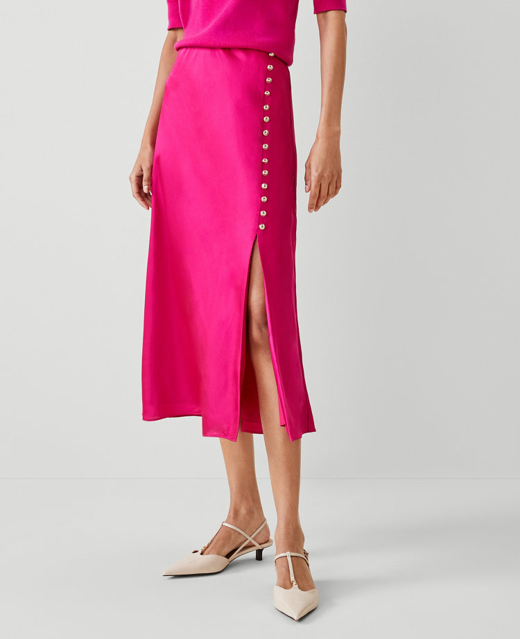 Ann Taylor Button Slit Midi Slip Skirt Hot Pink Poppy Women's
