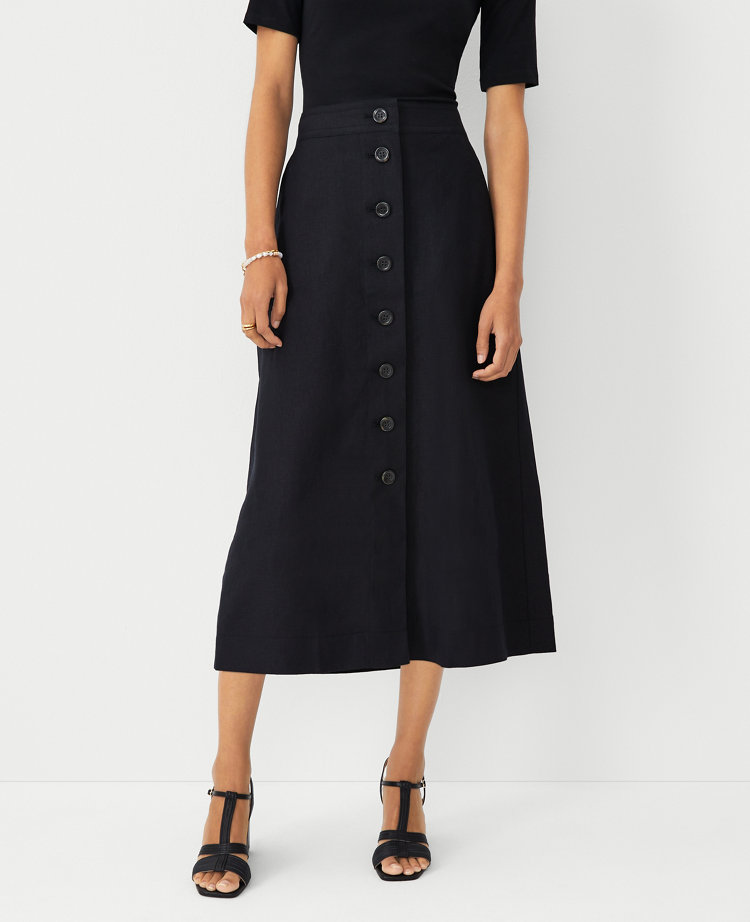 Petite Linen Blend Button Midi Skirt