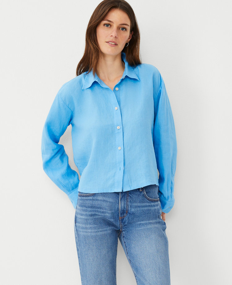 Ann Taylor Petite Cropped Linen Shirt Cerulean Blue Women's