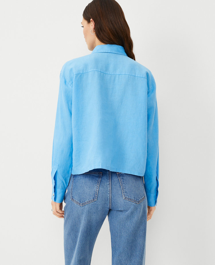 Ann Taylor Petite Cropped Linen Shirt Cerulean Blue Women's
