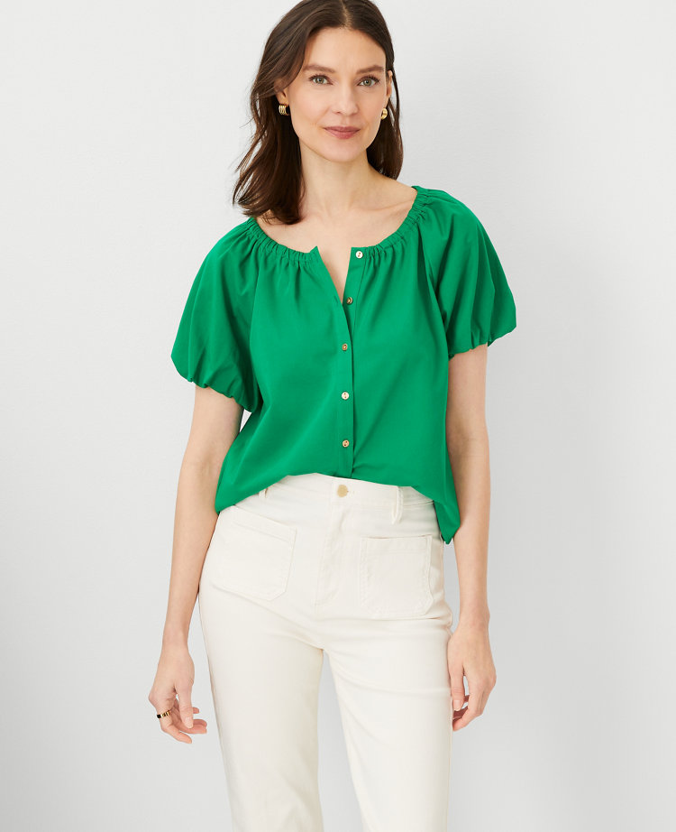 Ann Taylor Petite Bubble Sleeve Button Top Jolly Green Women's