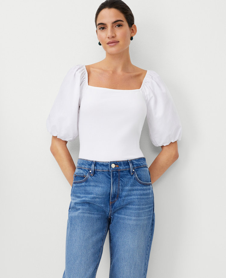 Petite Mixed Media Square Neck Puff Sleeve Top