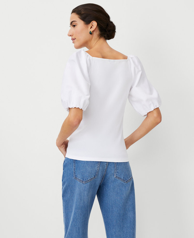 Petite Mixed Media Square Neck Puff Sleeve Top