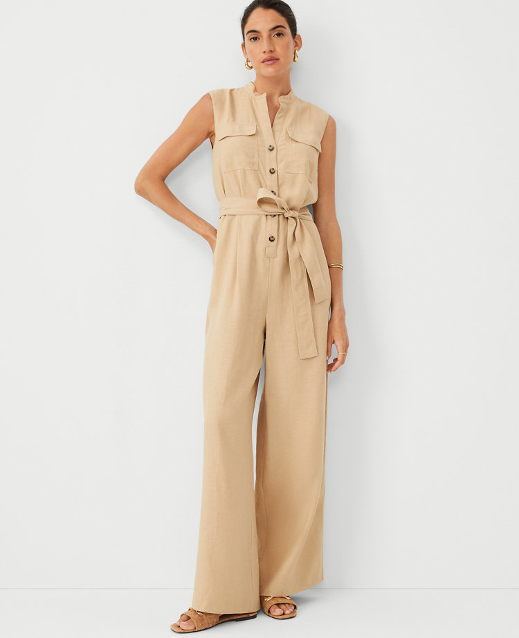 Split Neck Sleeveless Wide Leg Jumpsuit