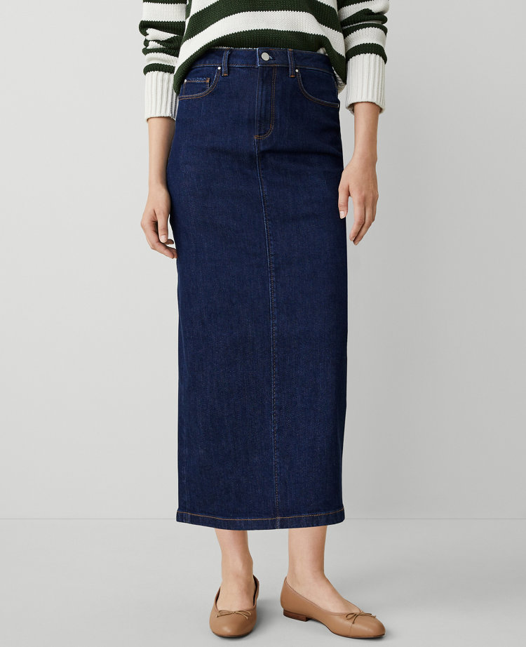 Ann Taylor AT Weekend High Rise Denim Column Skirt Refined Dark Indigo Wash Women's