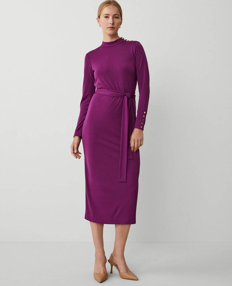 Mock Neck Belted Column Knit Midi Dress