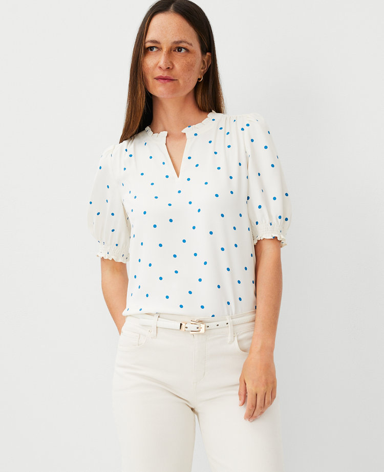 Ann Taylor Dotted Ruffle Neck Popover Top Winter White Women's