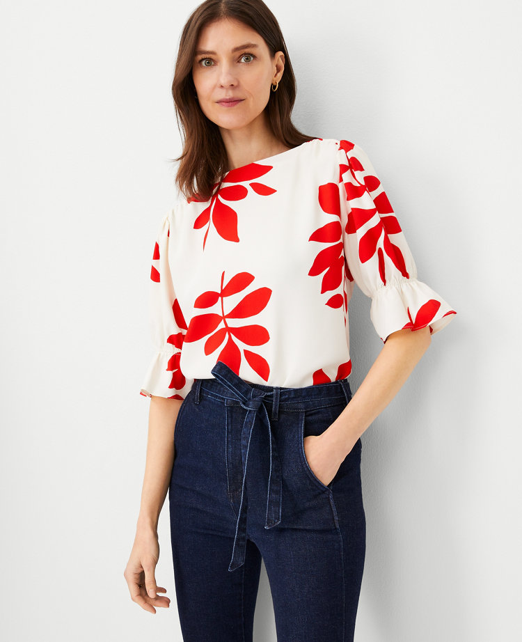 Leaf Ruffle Mixed Media Puff Sleeve Top