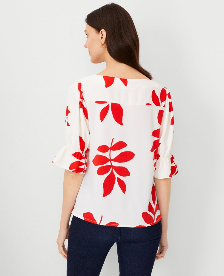 Leaf Ruffle Mixed Media Puff Sleeve Top