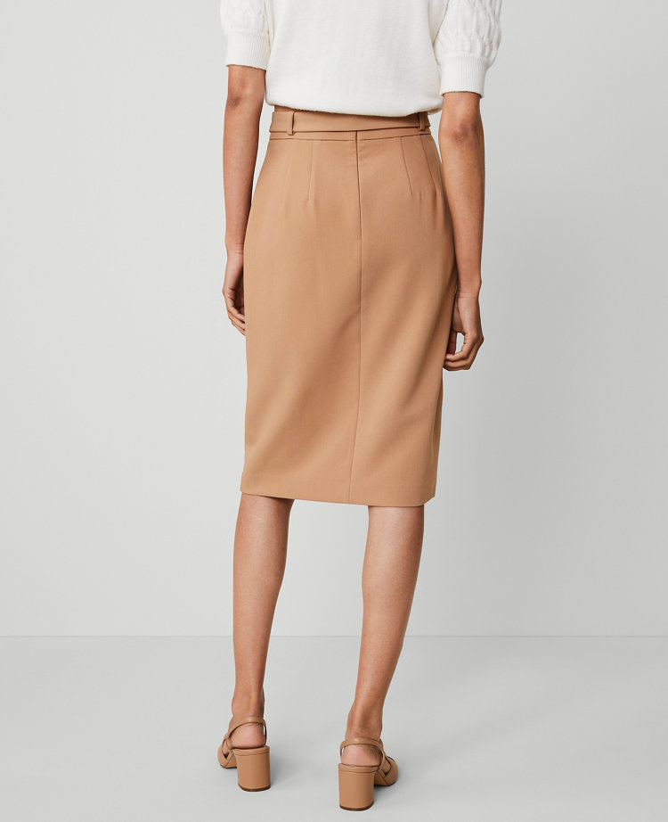 Twill Belted Midi Pencil Skirt
