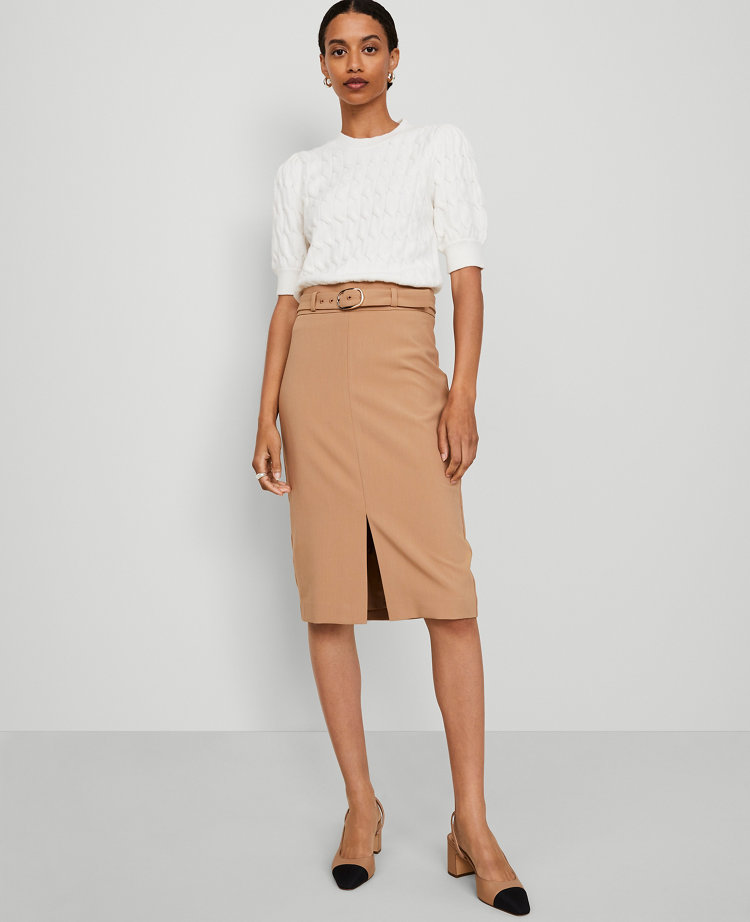 Ann Taylor Twill Belted Midi Pencil Skirt Women's