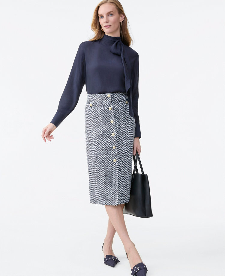 Ann Taylor Petite Tweed Button Front Pencil Skirt Speckled Navy/White Women's