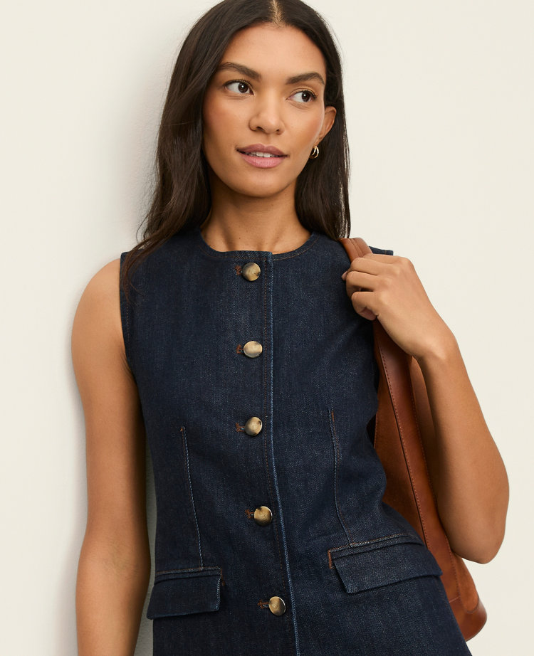 The Petite Long Crew Neck Vest in Denim