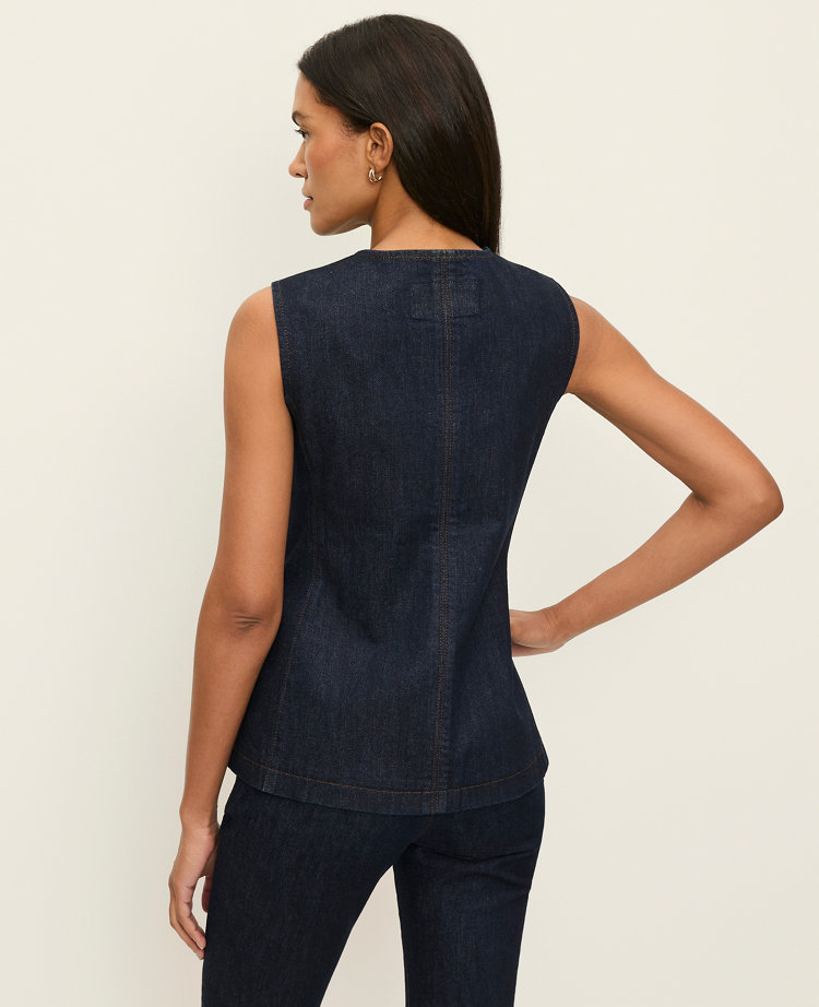 The Petite Long Crew Neck Vest in Denim
