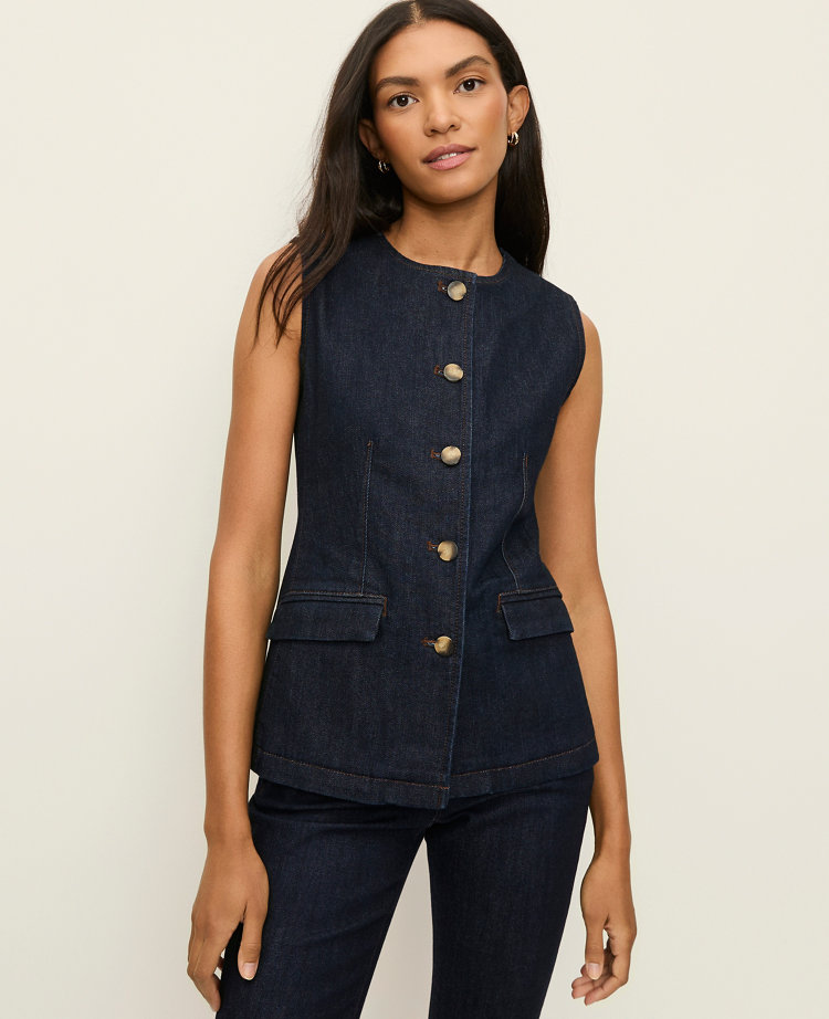 The Petite Long Crew Neck Vest in Denim